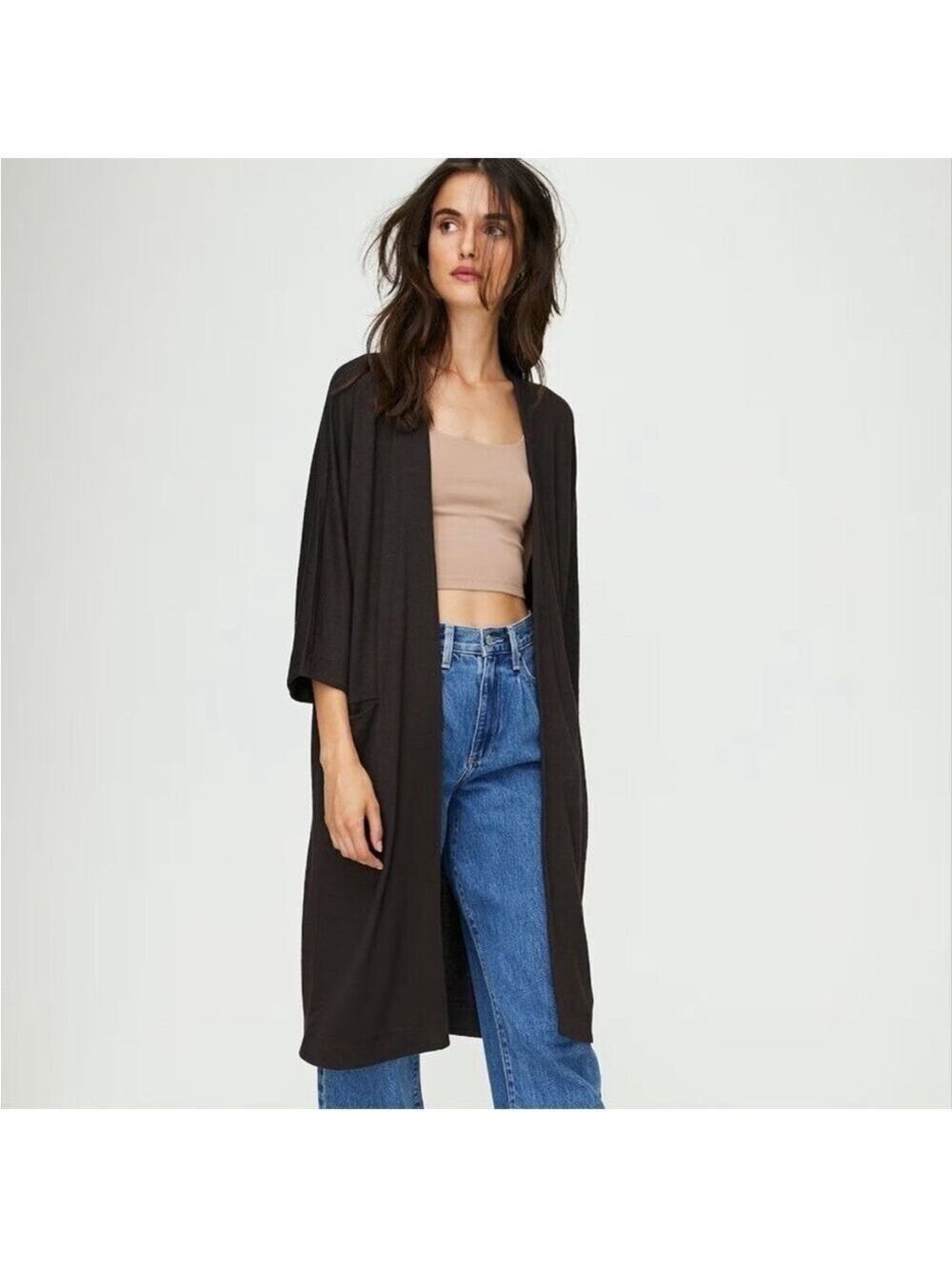 Aritzia Wilfred Free Merino Wool Long Open Duster Cardigan Black Size XXSmall